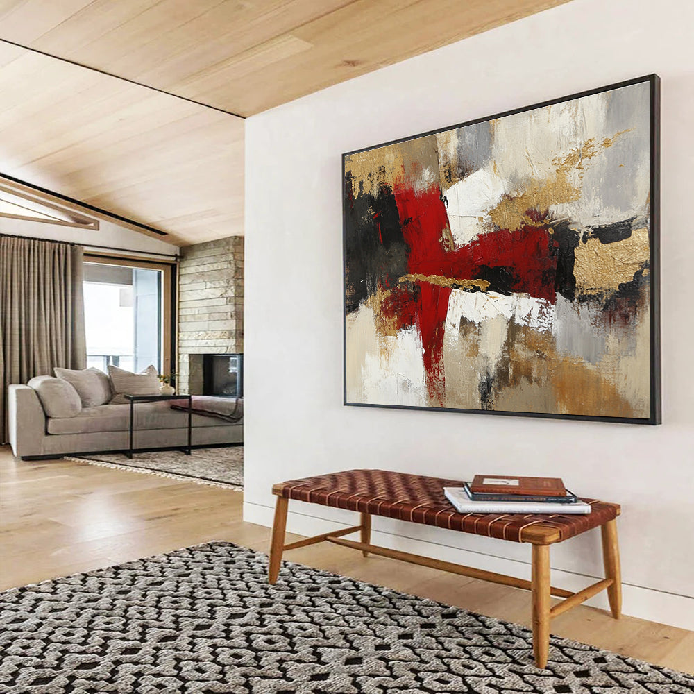 Bold Red and Gold Abstract Art for Luxury Hotel Lobby & Elegant Home Office SC381