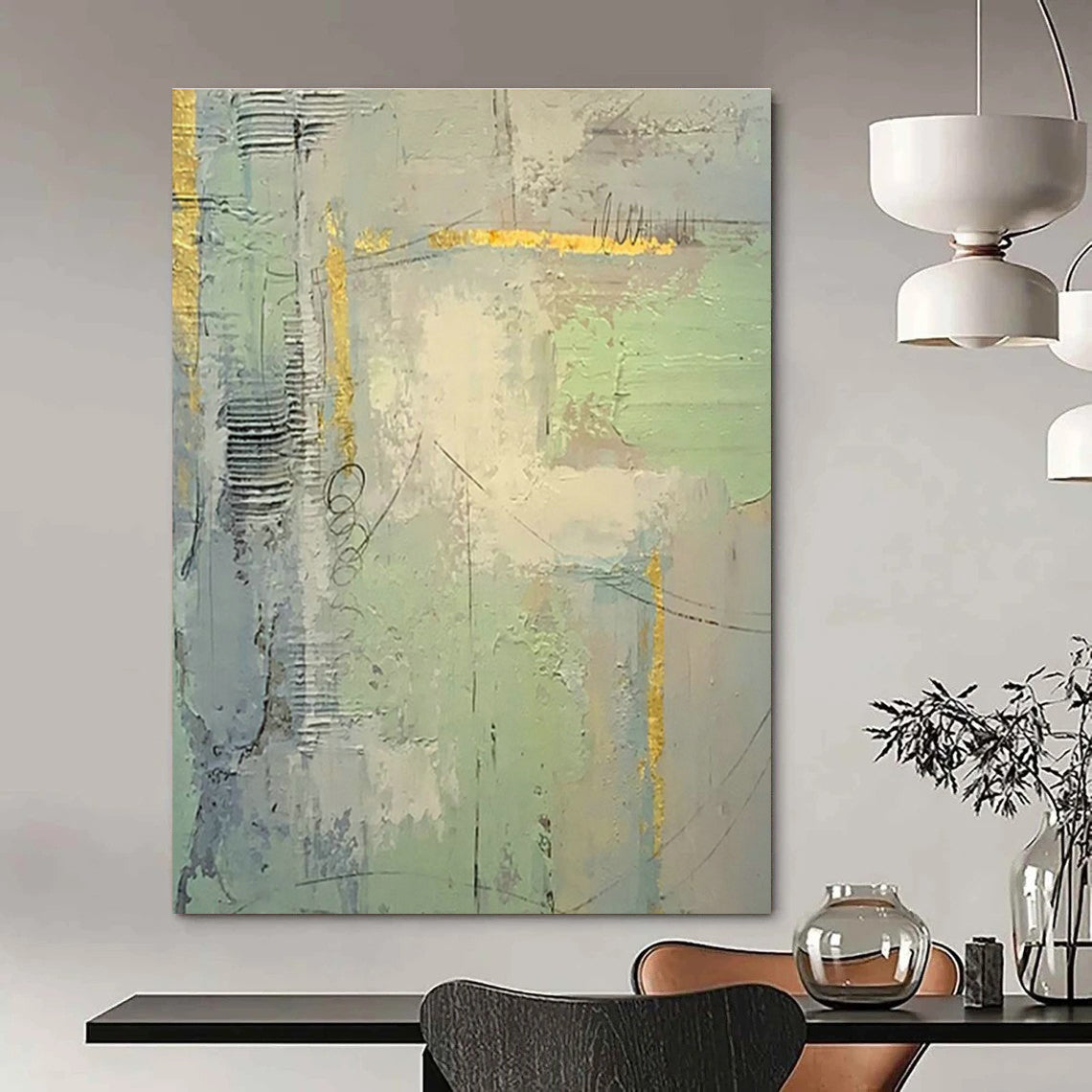 Light Green Abstract Art with Gold Patterns for Sunroom & Cafe DLZ0566
