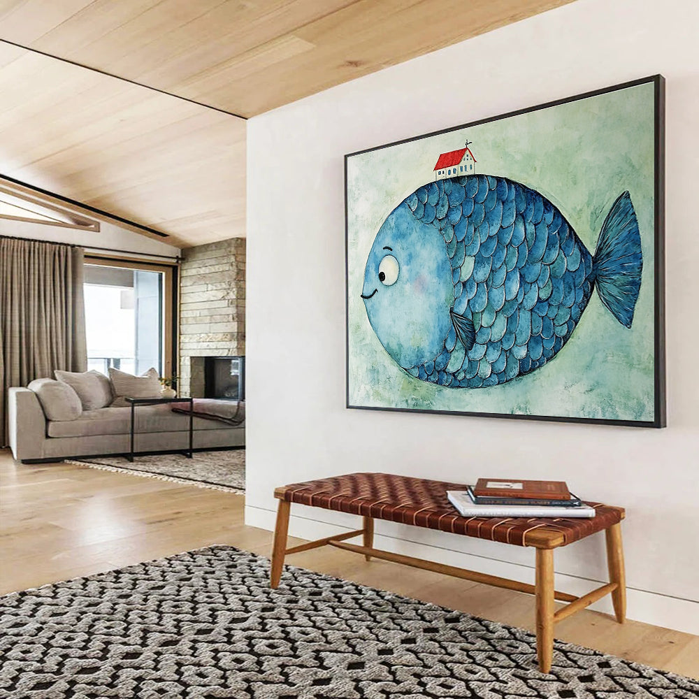 Fish with House Art for Nautical - Themed Children’s Room & Coastal Café SC478