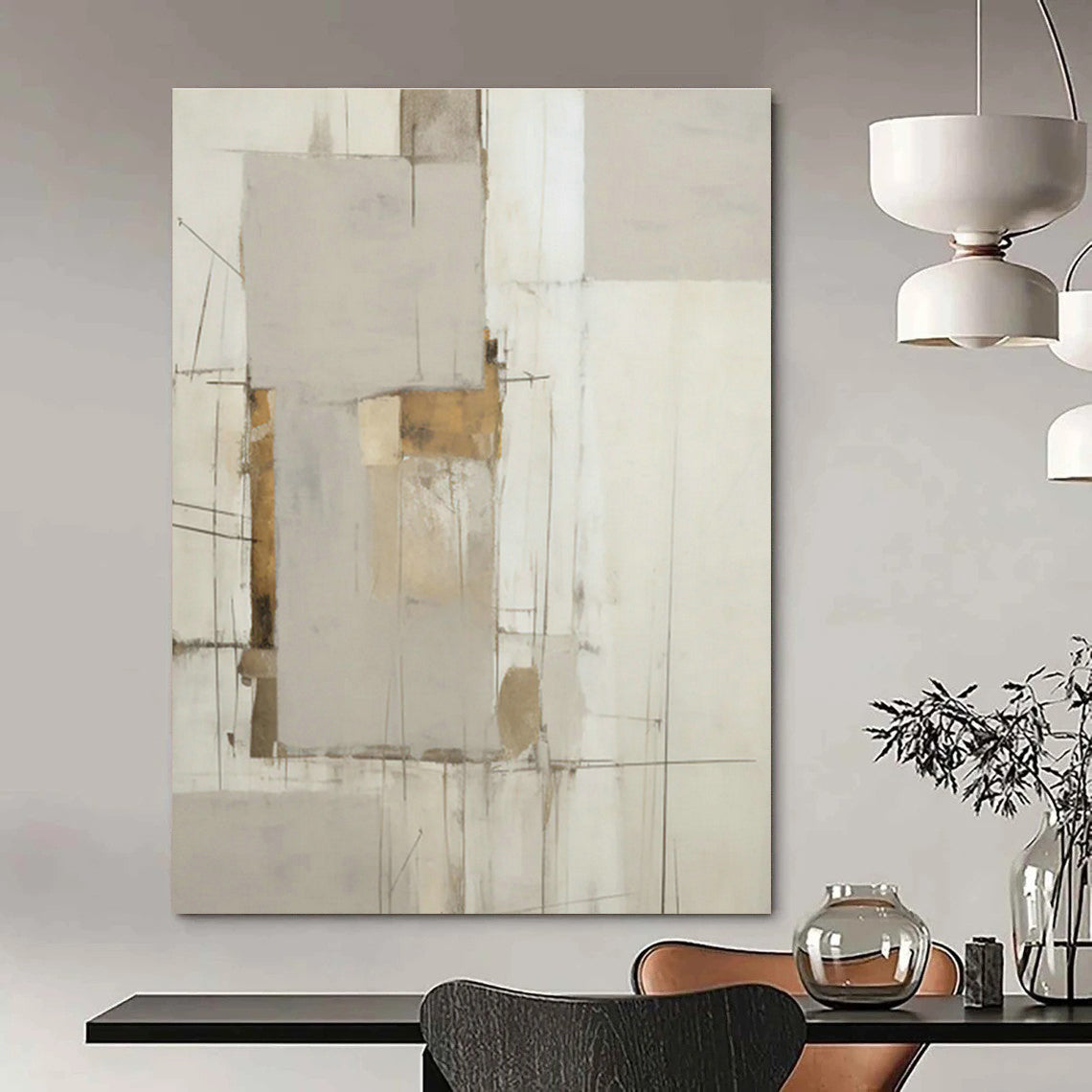 Grey - Gold Linear Abstract Art for Luxury Hotel Suite & Contemporary Home Office DLZ1323