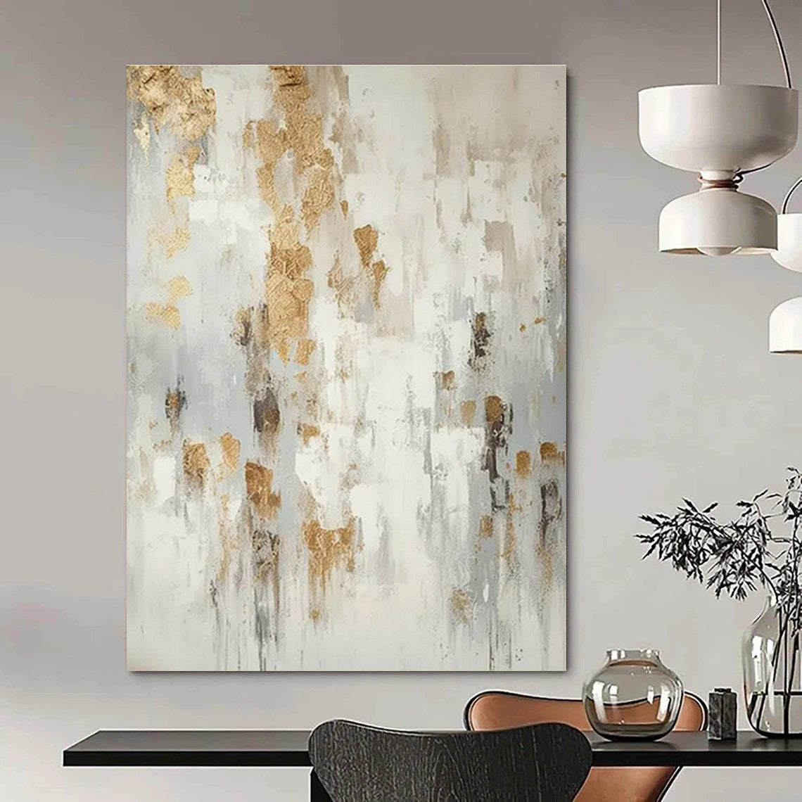 White - Gold - Gray Abstract Art for Scandinavian Bedroom & High - End Spa DLZ1753