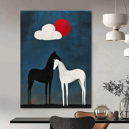 Black and White Horses Under Sun and Cloud for Bohemian - Style Café & Nature - Inspired Art Studio STSC916