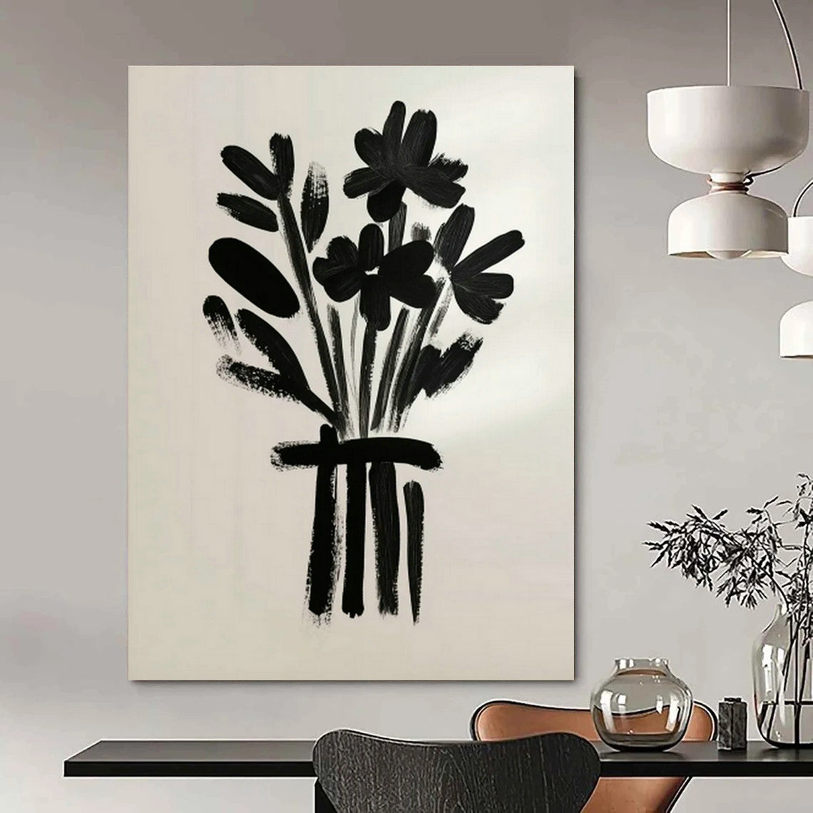 Black Floral Bouquet Art for Modern Minimalist Home & Monochrome Café DLZ0691