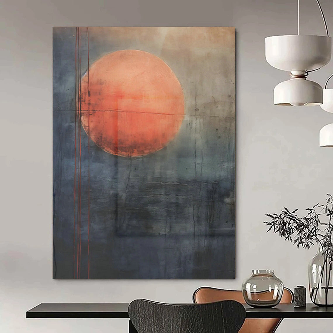 Red Moon on Gray Abstract Art for Bohemian - Inspired Lounge & Mystical Bookstore DLZ0747