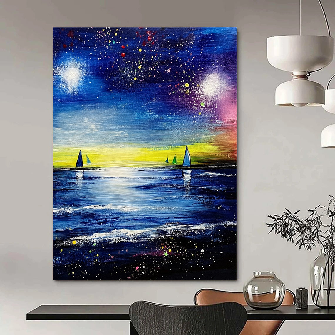 Starry Night Sea with Sailboats for Nautical - Themed Living Room & Cozy Beach Cottage STSC526