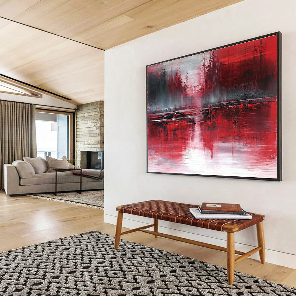 Red Forest Reflection Art for Rustic Cabin & Dark - Themed Bar SC155
