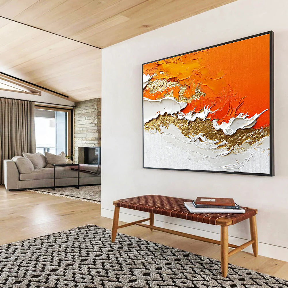 Textured Orange, White & Gold Art for High - End Restaurant & Glamorous Home Bar SC325