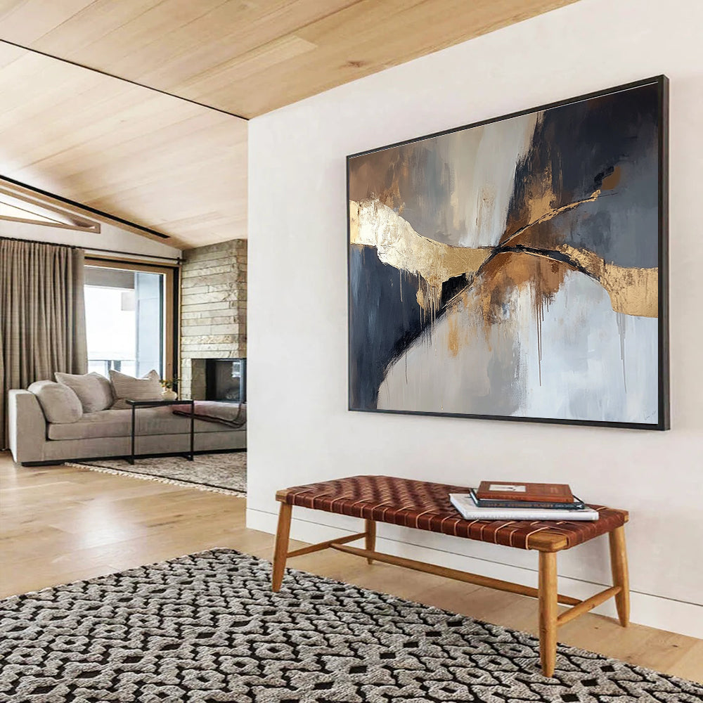 Gray, Black & Gold Abstract Flow Art for Sophisticated Boardroom & Elegant Living Room SC327