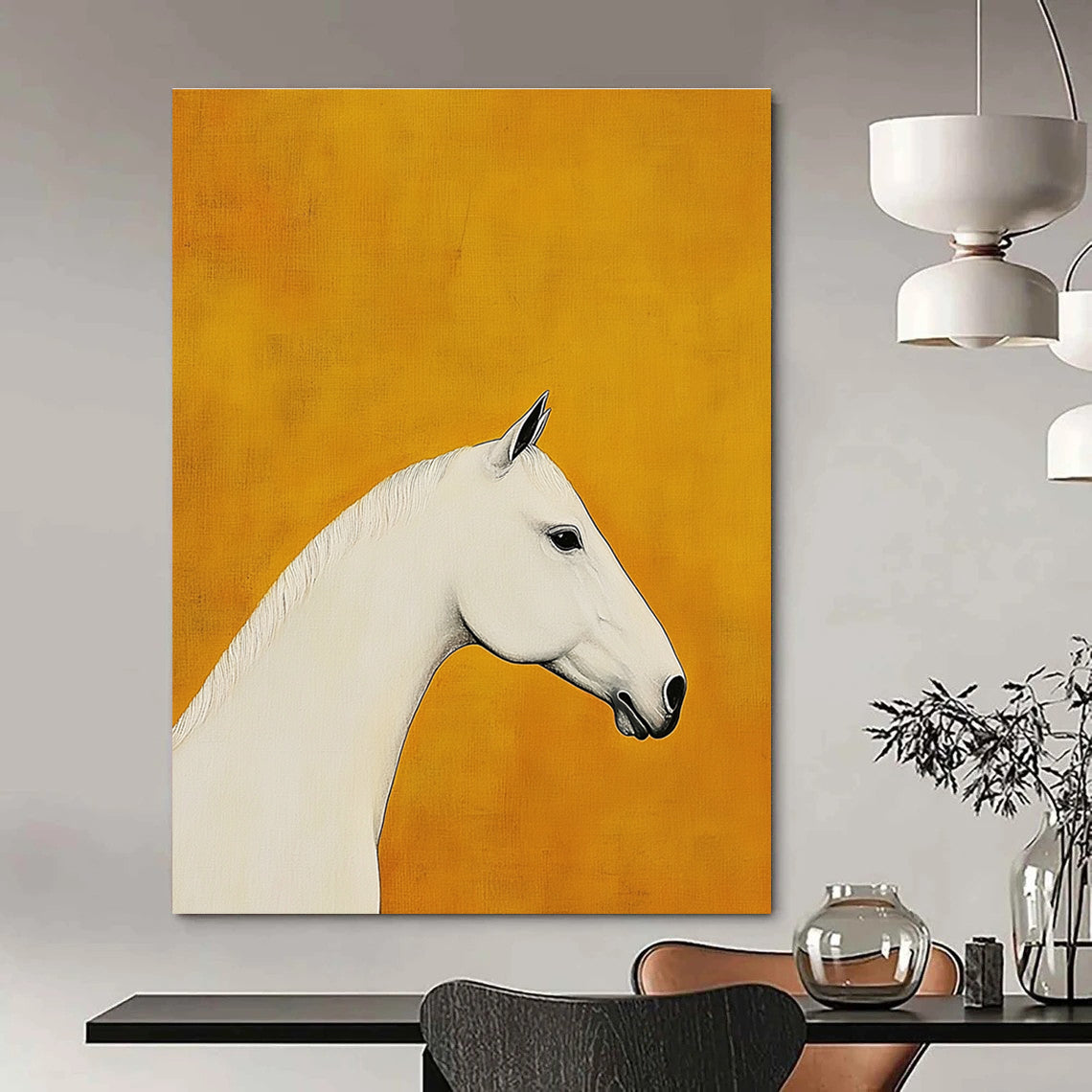 White Horse on Orange Art for Equestrian Home & Modern Art Gallery STSC1090