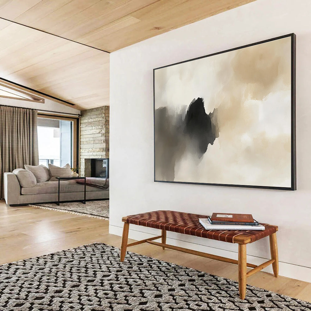 Beige - Black Abstract Clouds Art for Minimalist Bedroom & Serene Spa SC222
