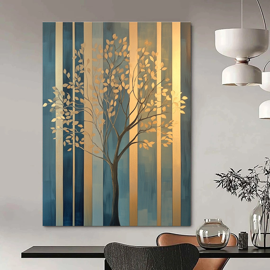 Golden Tree on Striped Background Art for Luxury Home Office & Elegant Dining Room STSC1117
