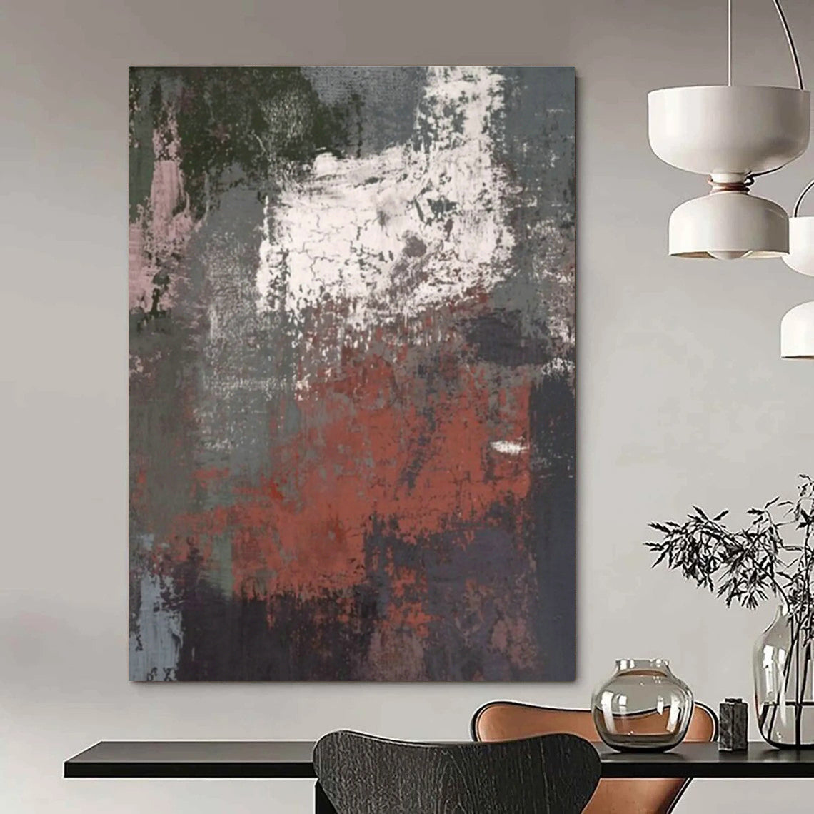Gray - Red Textured Abstract Art for Industrial - Style Café & Contemporary Art Studio DLZ0637