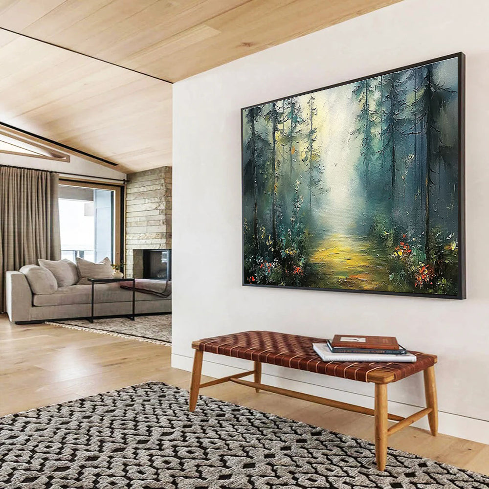 Forest Pathway Oil Painting for Rustic Lodge Common Area Decor DLZ3255