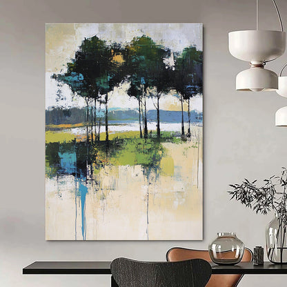 Abstract Tree - Lined Waterfront Art for Lakeside Cottage & Art - Loving Home Office STSC118