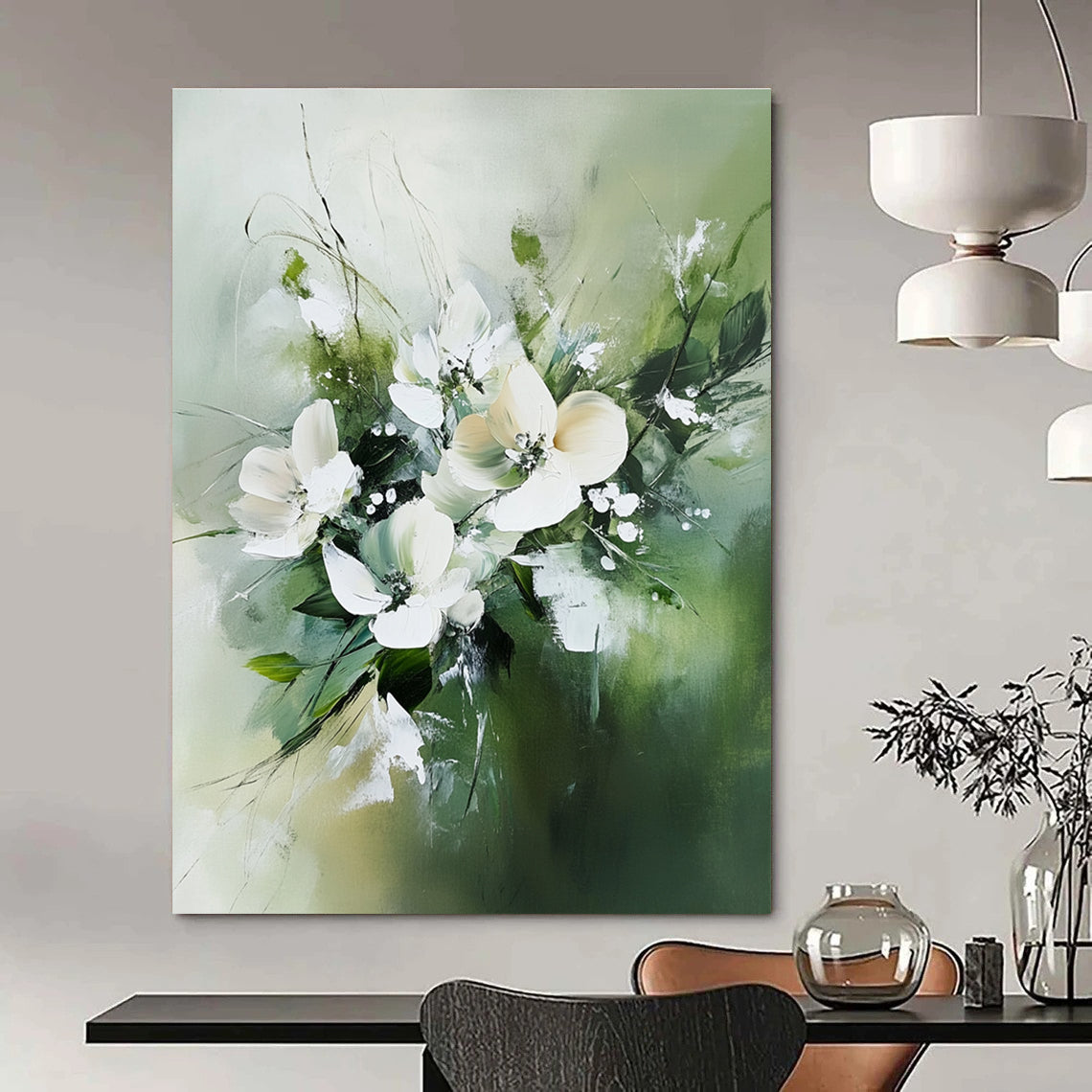 White Flowers in Green for Feminine - Inspired Bedroom & Charming Floral Café STSC365