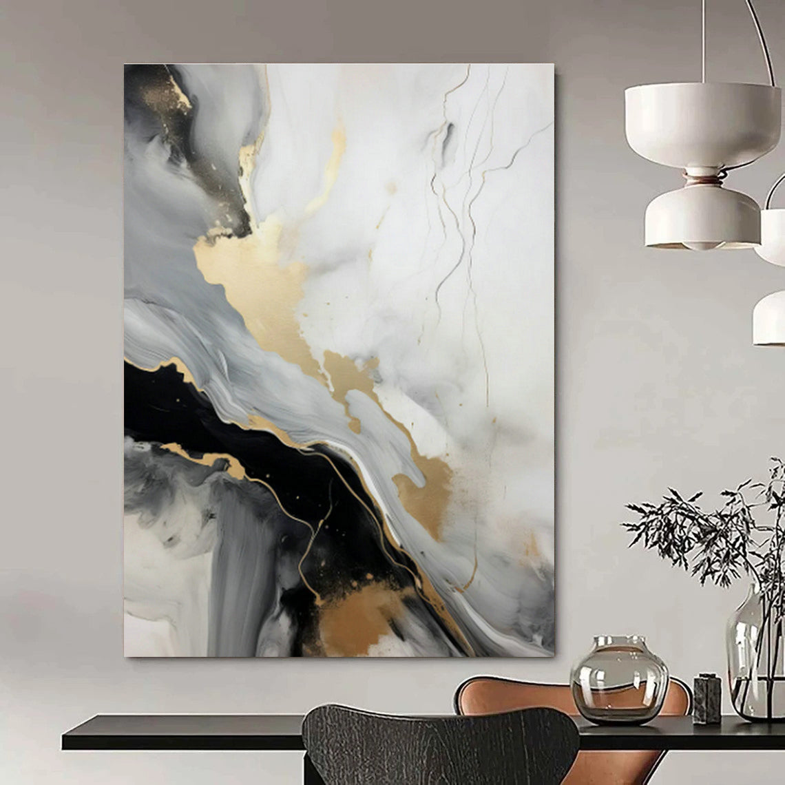 Gold - Gray Ink Abstract Art for Luxury Penthouse & High - End Boutique DLZ0728