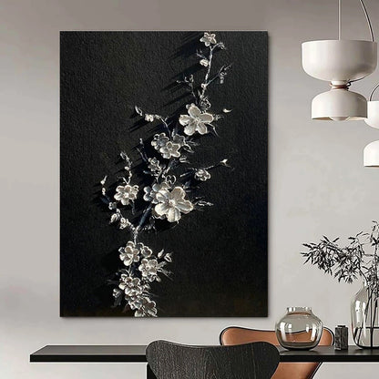 Silver Blossom on Black Art for Elegant Bedroom & Asian - Inspired Lounge DLZ2243