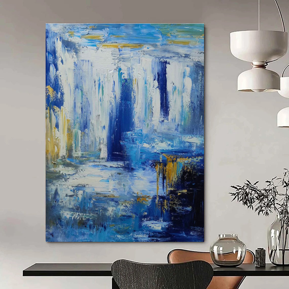 Blue - Gold Waterfall Oil Painting for Luxury Hotel Lobby & Nature - Lover’s Home Office DLZ1339