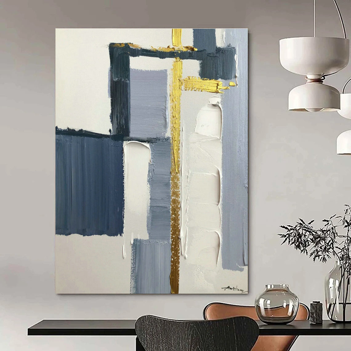 Blue, Gray & Gold Abstract Art for Coastal Home Living Room & High - End Office Waiting Area DLZ0825