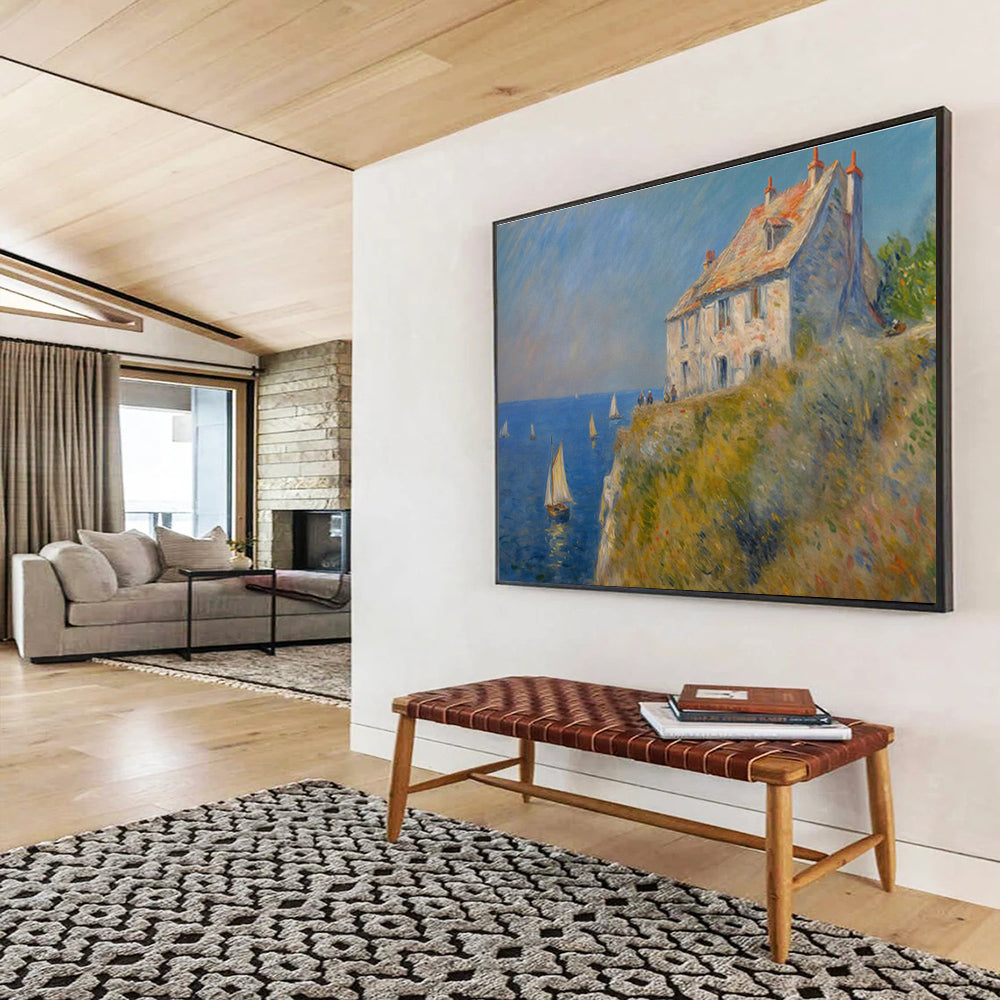 Seaside Stone House Oil Painting (Renoir - Style) for Coastal Villa Dining Areas DLZ2606