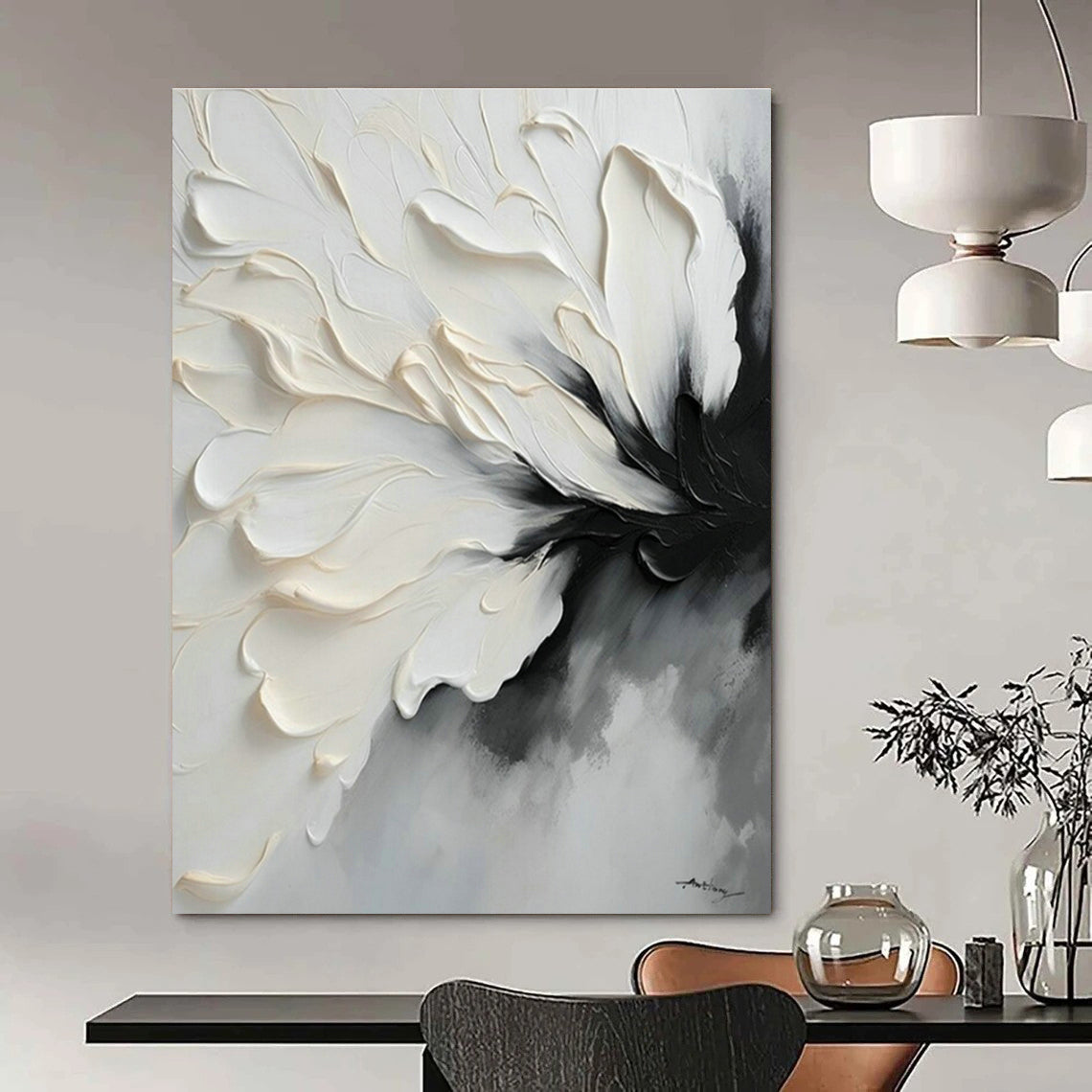 White - Black Flower Abstract Art for Art Studio & Modern Bedroom DLZ1648