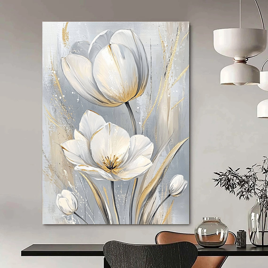 White Tulips with Gold Elegant Floral Art for Luxury Hotel Suite & Sophisticated Home Dining Room STSC1480