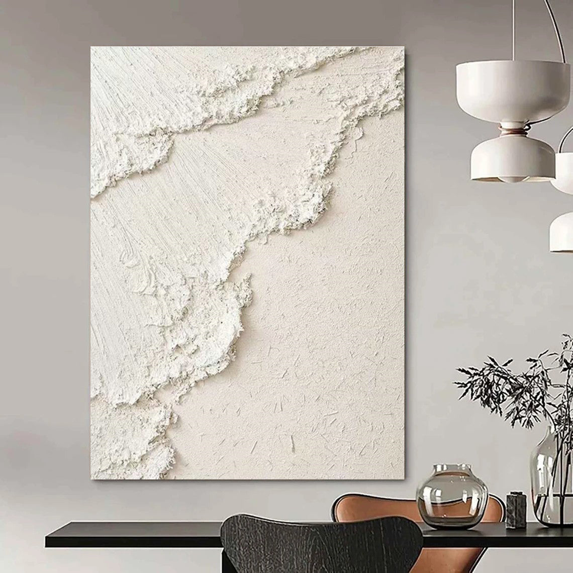 White Textured Plaster - like Art for Minimalist Bedroom & Contemporary Wellness Space DLZ2192
