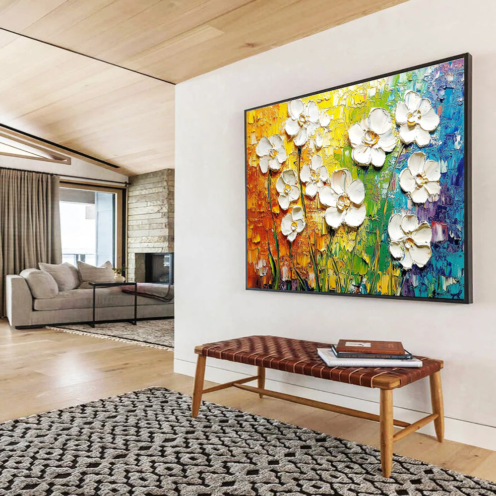 Textured White Flowers Art for Garden - Themed Café & Floral Boutique SC271