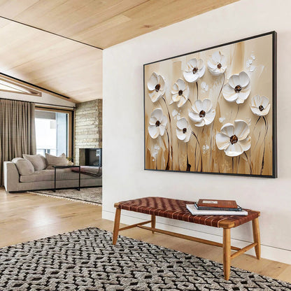 White Flowers on Beige Art for Minimalist Bedroom & Art Gallery SC003
