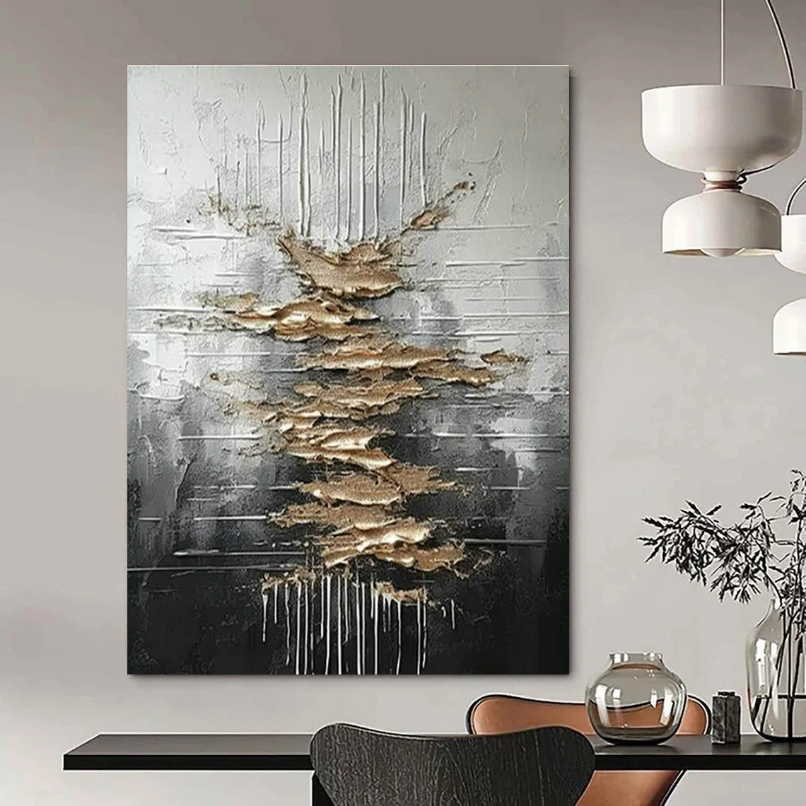 Silver - Gold Textured Abstract Art for Industrial Loft & Art Gallery Exhibition DLZ1751