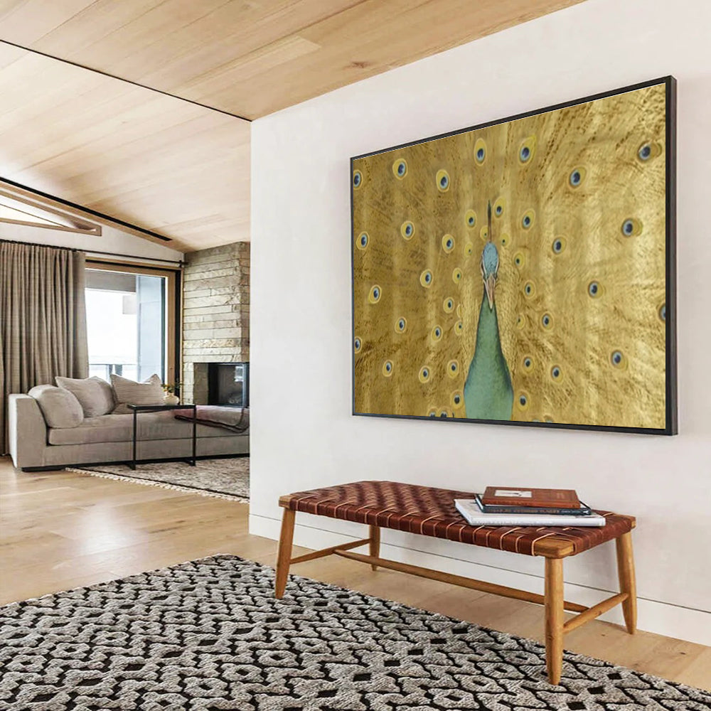Golden Peacock with Open Feathers Art for Luxe Hotel Lobbies DLZ3124