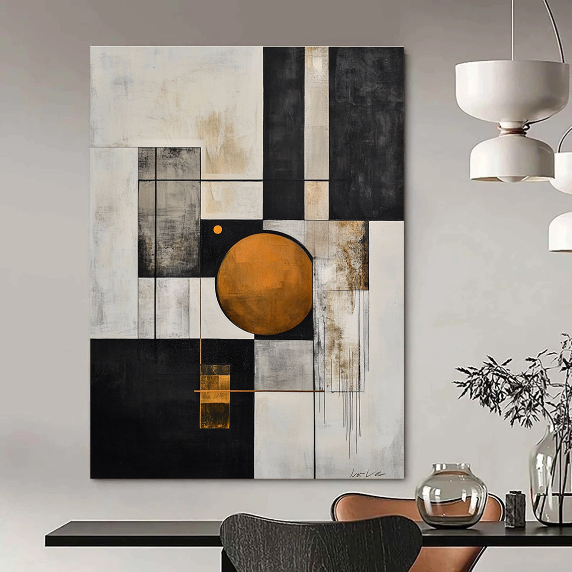 Geometric Abstract with Orange Circle for Modern Office Reception & Art - Centric Living Room STSC207