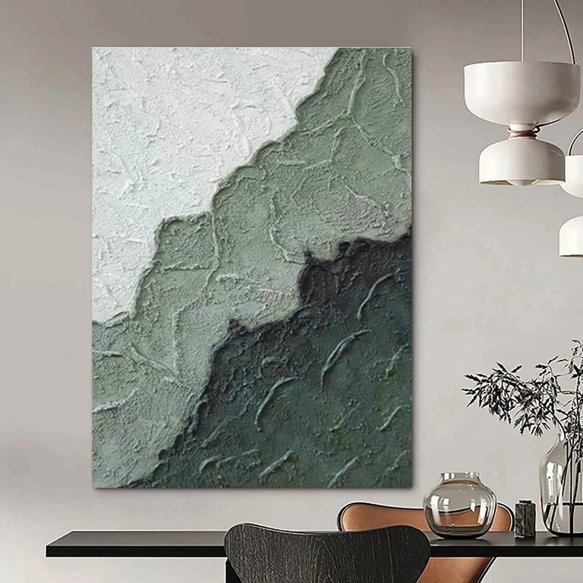 Gray - White - Green Textured Abstract Art for Minimalist Bedroom & Contemporary Art Space DLZ1219