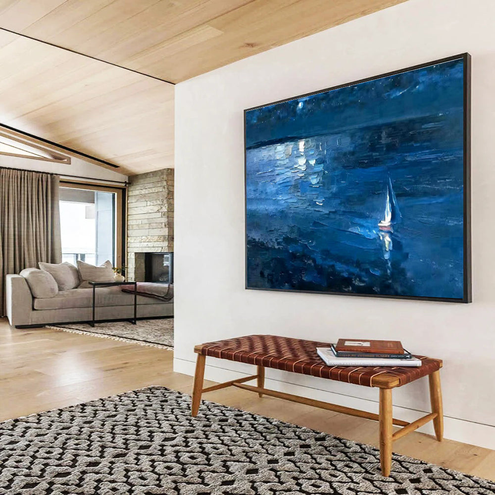 Moonlit Sea View Oil Painting for Coastal - Themed Living Rooms DLZ2484