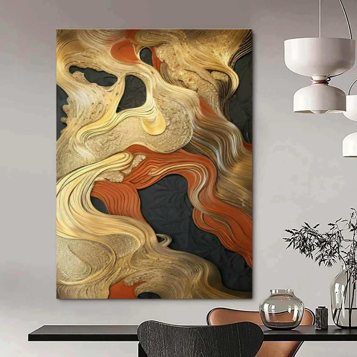 Gold - Orange - Black Abstract Art for High - End Restaurant & Luxury Home Dining Room DLZ1704