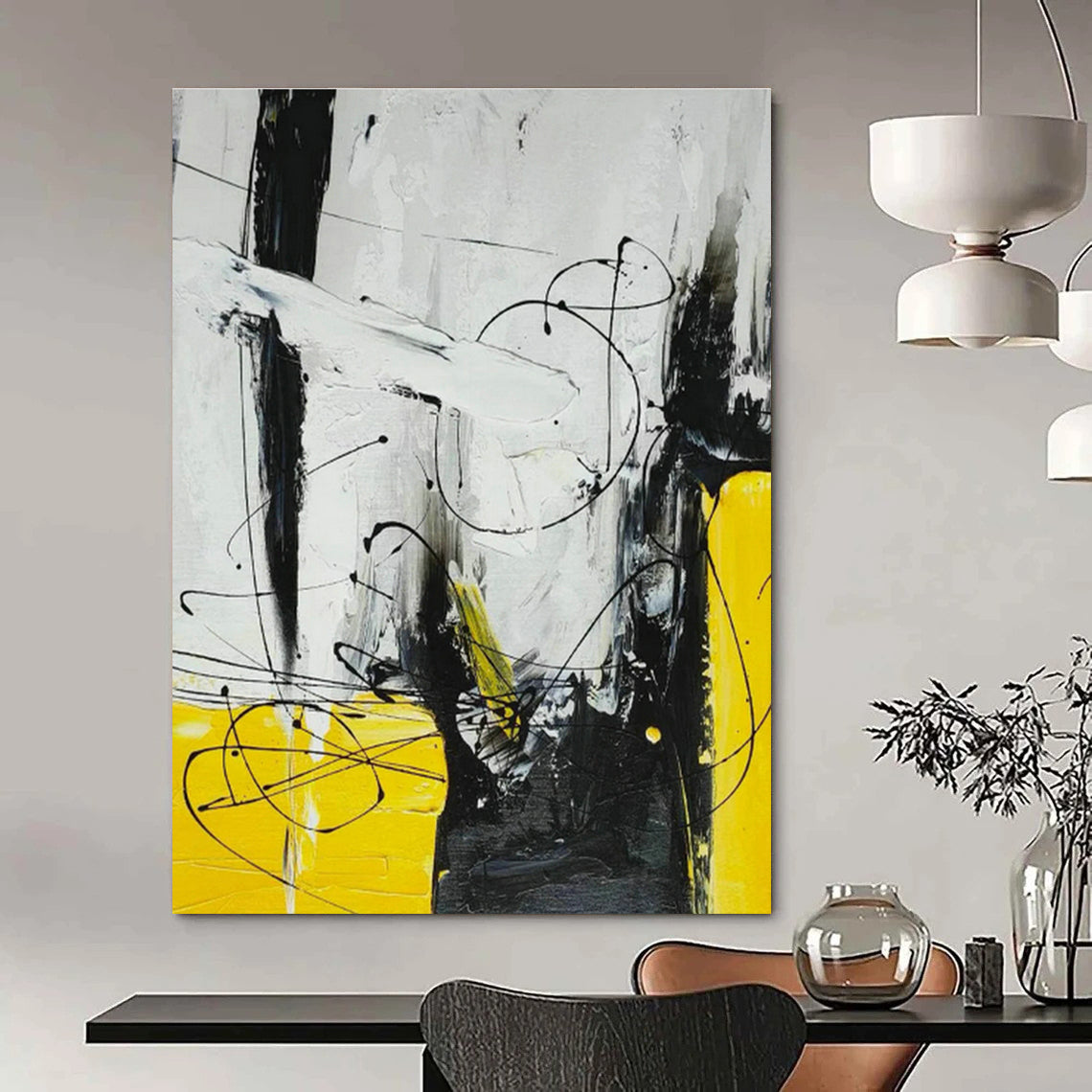 Yellow - Black Line Abstract Art for Living Room & Bedroom DLZ0497