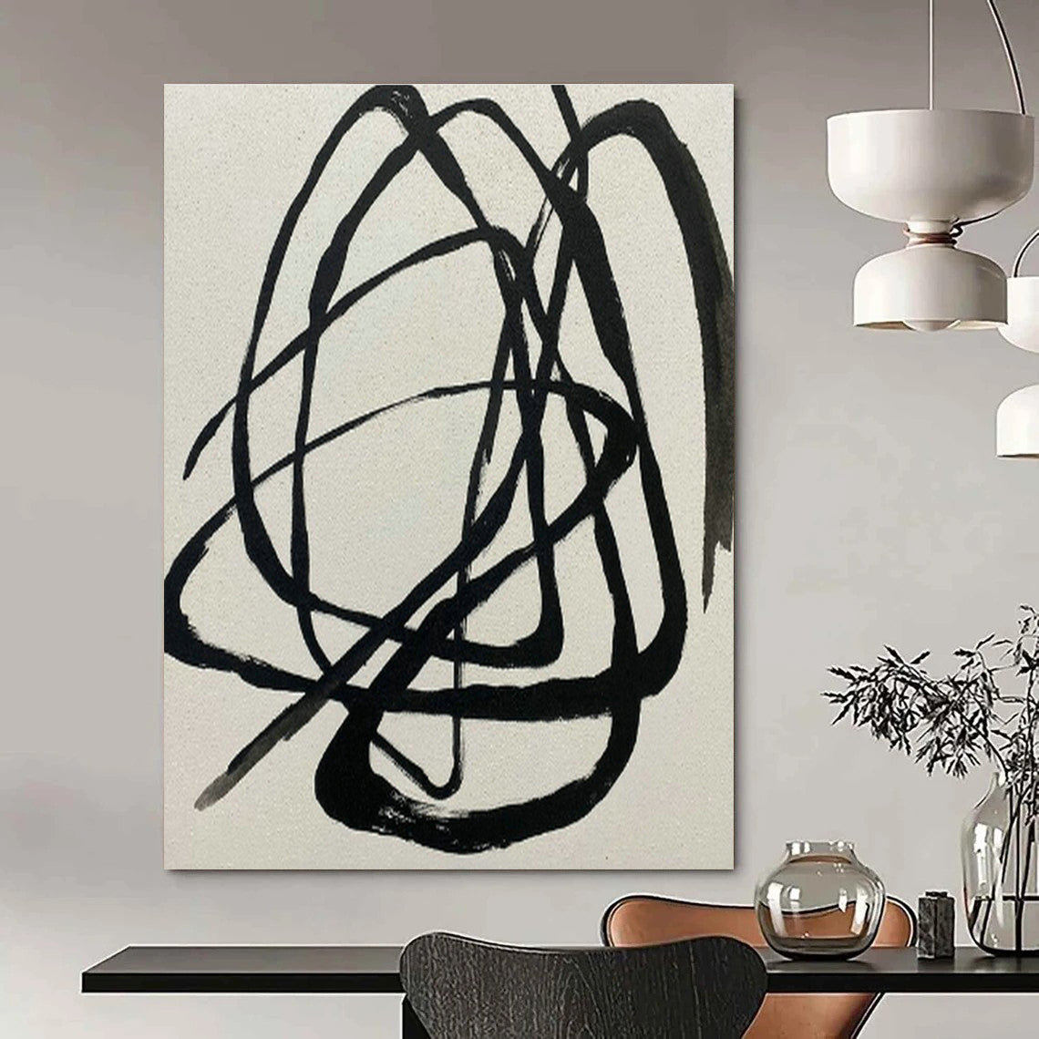 Black - White Tangled Lines Abstract Art for Modern Office & Art Studio DLZ2020