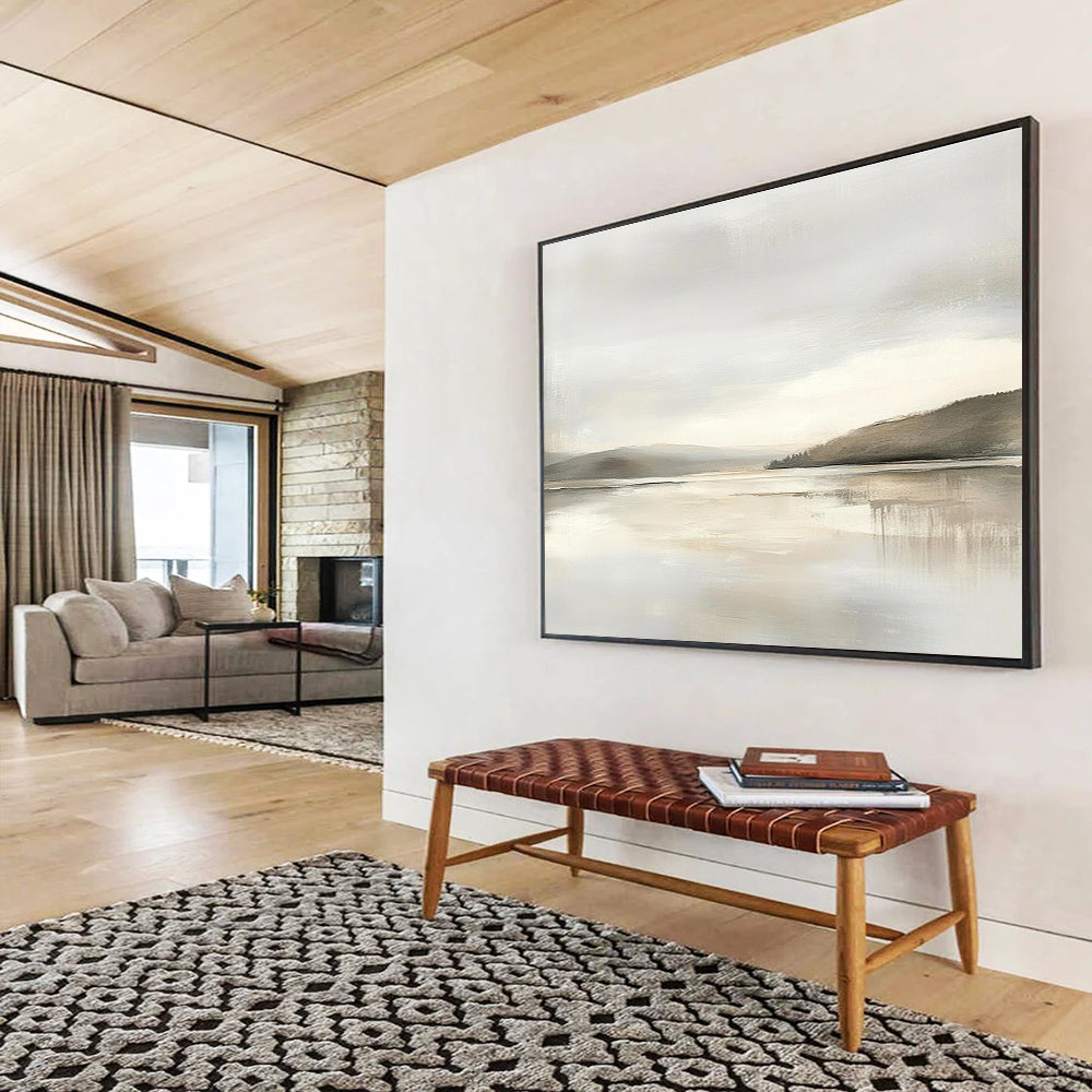 Monochrome Lake View Art for Minimalist Home Office & Serene Reading Nook SC065