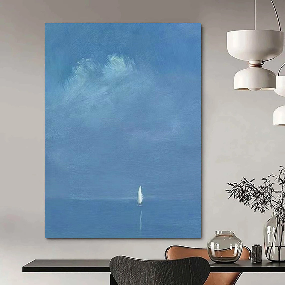 Solitary Sailboat on Blue Sea Art for Nautical Study Spaces DLZ0284