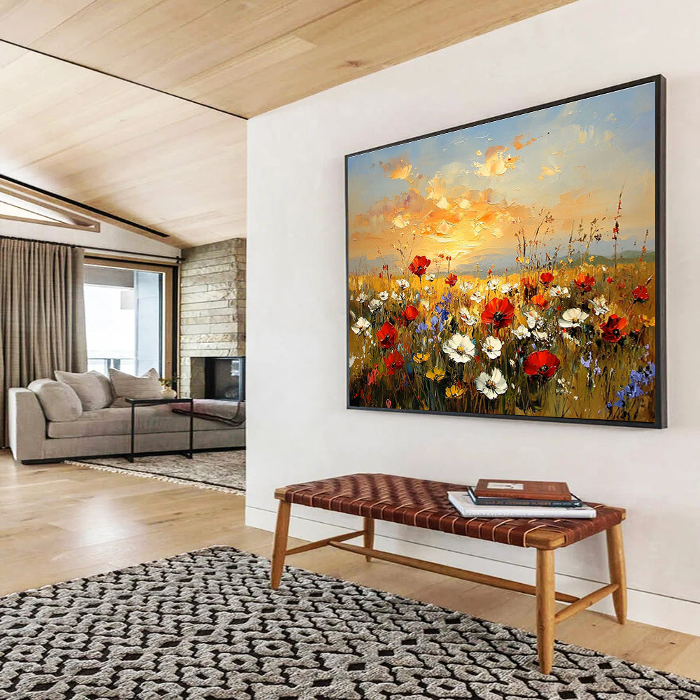 Flower Field at Sunset Art for Romantic Restaurant & Home Living Room SC464