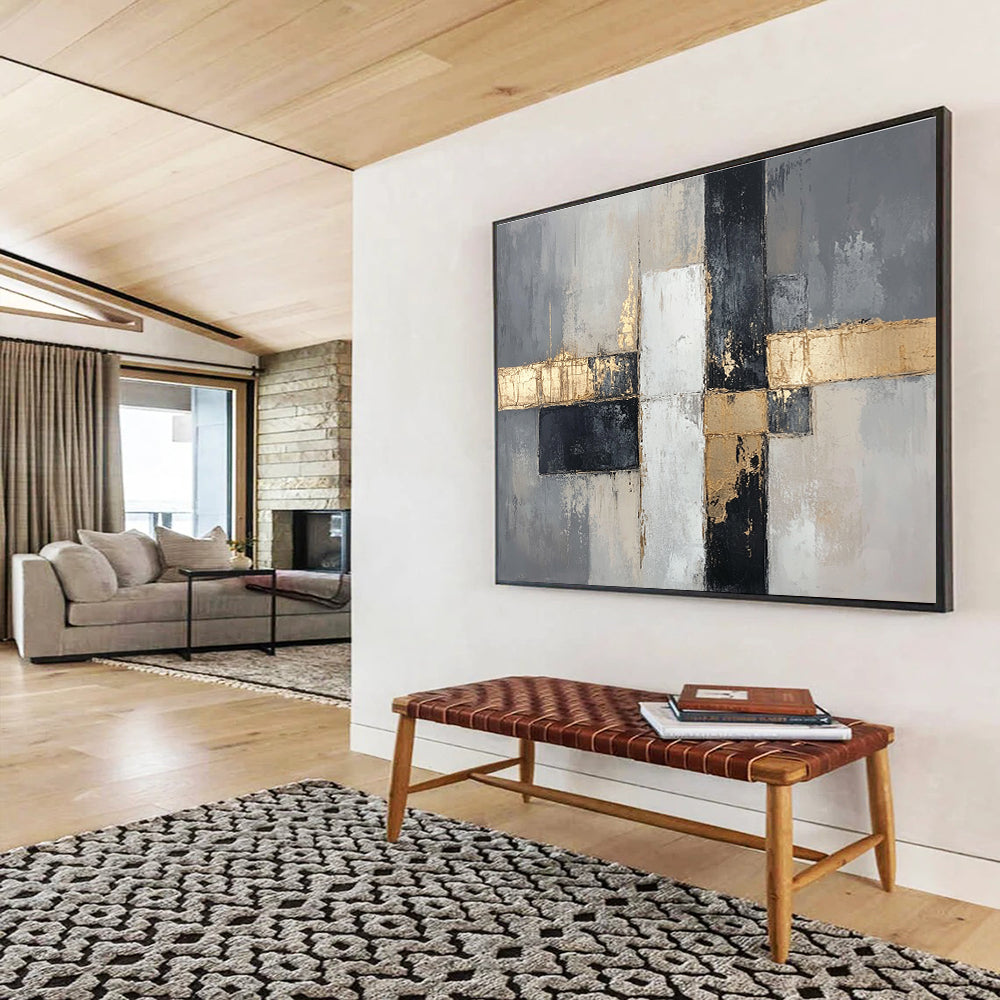 Gray - Gold Geometric Abstract Art for Luxury Condo Living Room & High - End Art Boutique SC247