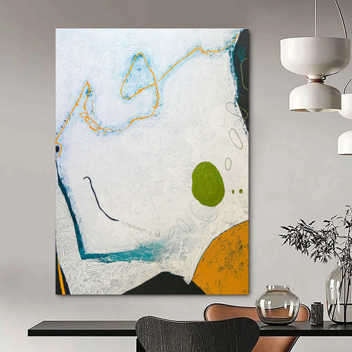 White - Orange - Green Abstract Art for Beach House & Home Sunroom DLZ1114