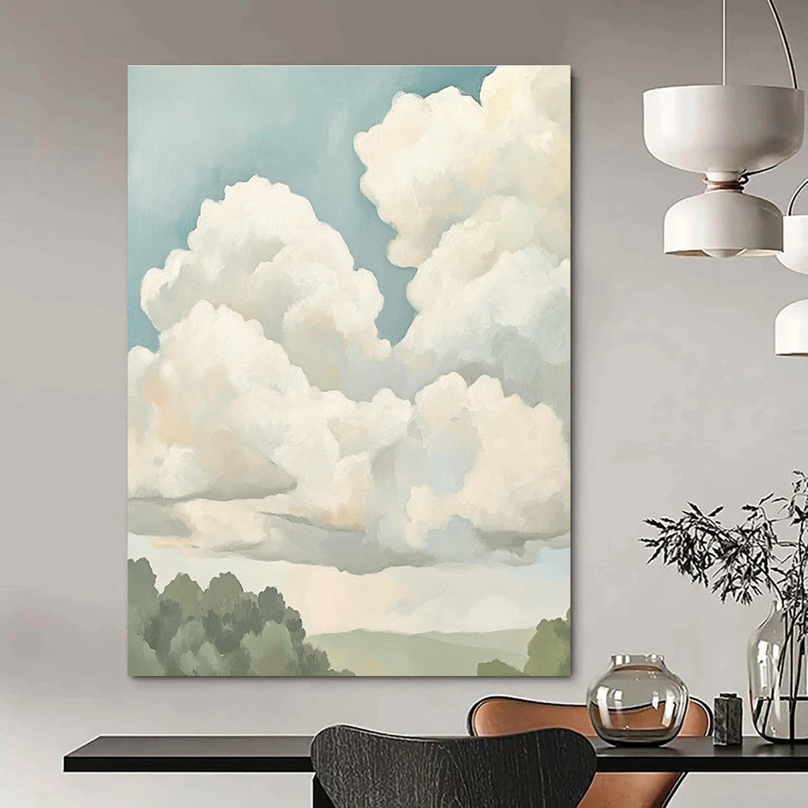 Puffy Clouds Sky Art for Wellness Retreat & Minimalist Home Office STSC1395