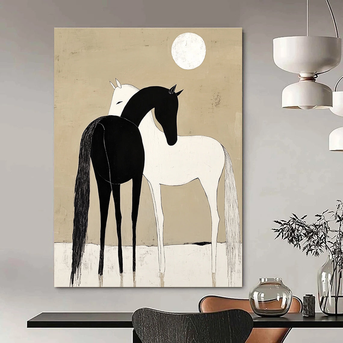 Black and White Horses Under Moon for Minimalist Bedroom & Spiritual Retreat Center STSC915