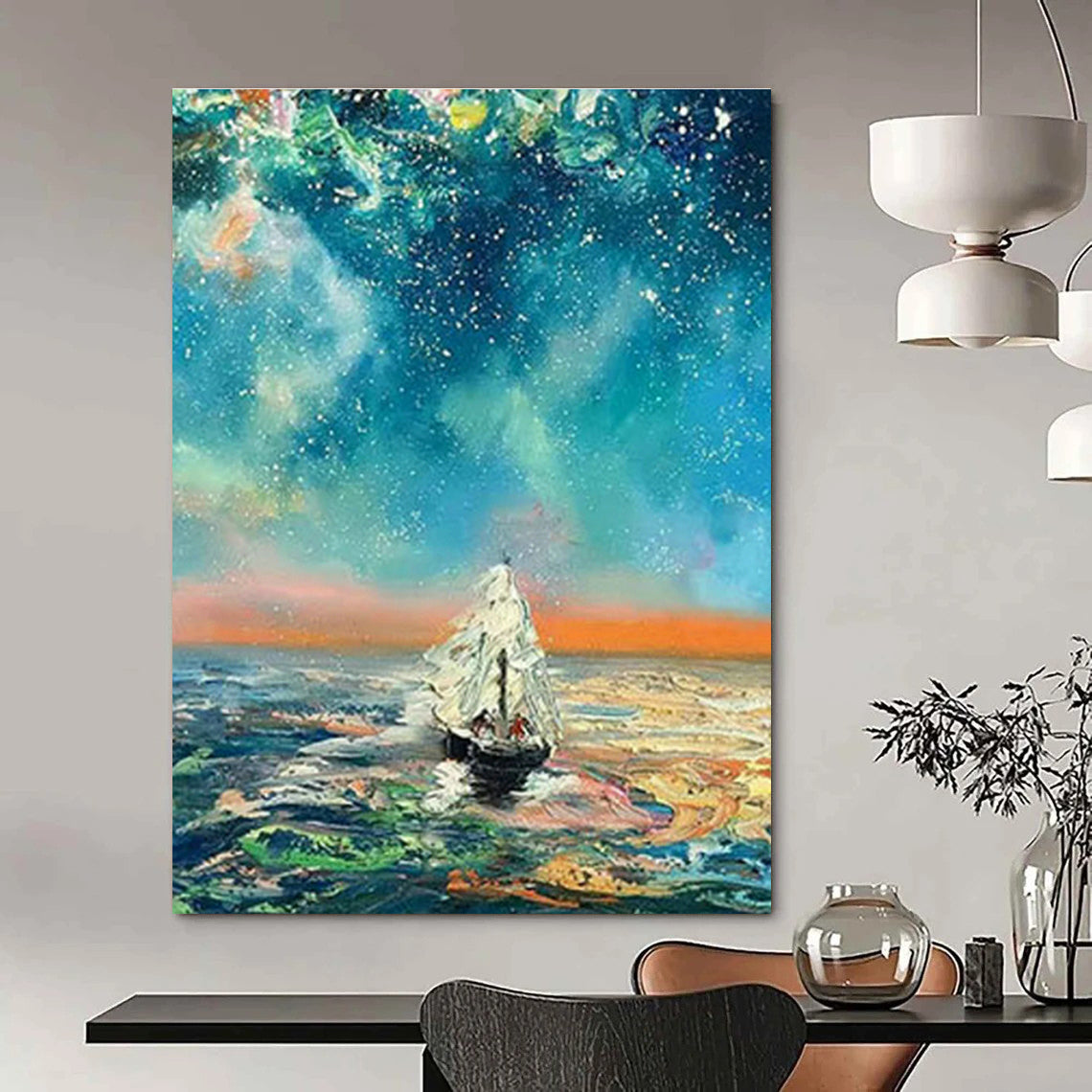 Starry Night Sailboat Oil Painting for Nautical - Themed Bar & Beach House Bedroom DLZ1056
