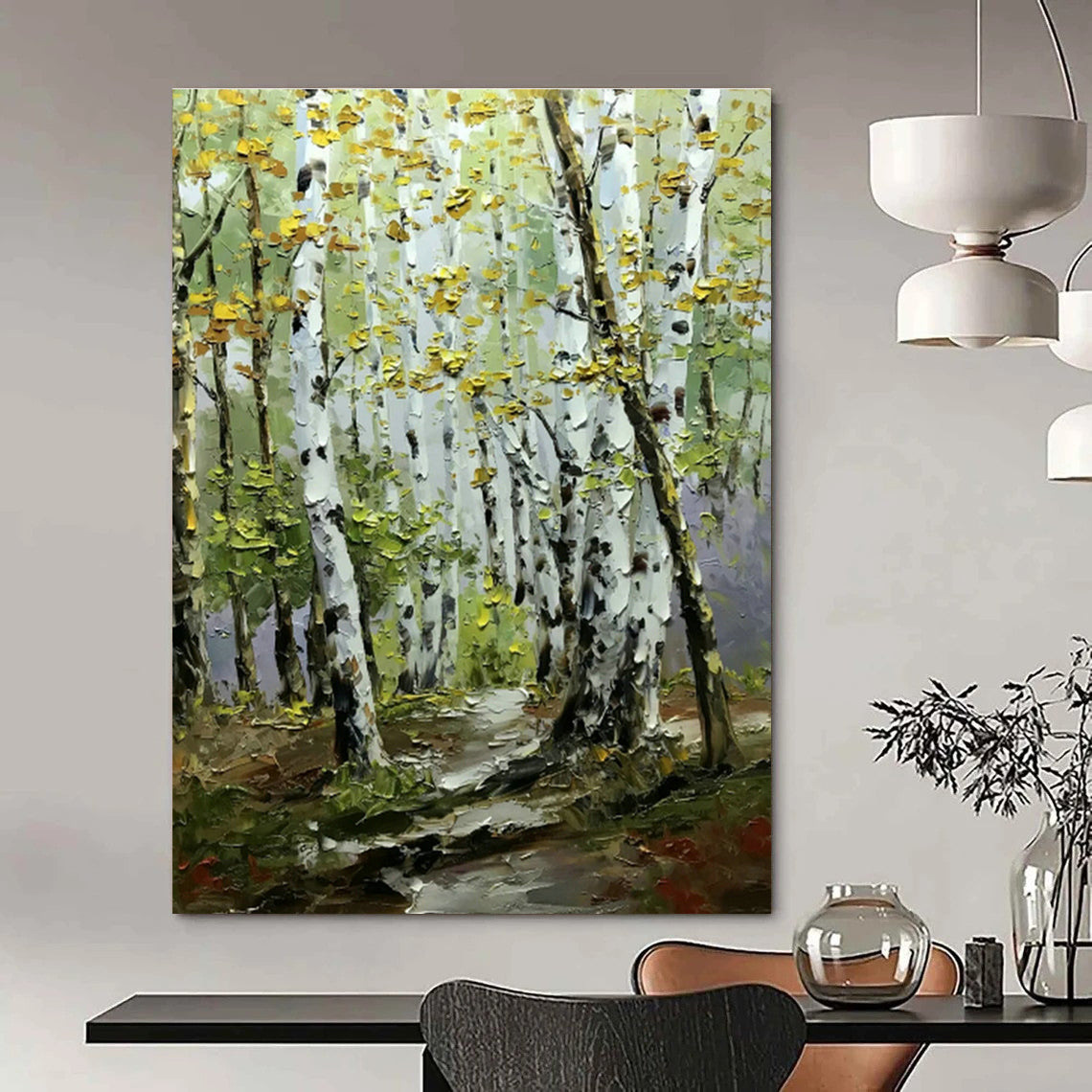 Birch Forest Path Oil Painting for Rustic Cottage Living Room & Nature Lover’s Retreat DLZ0850