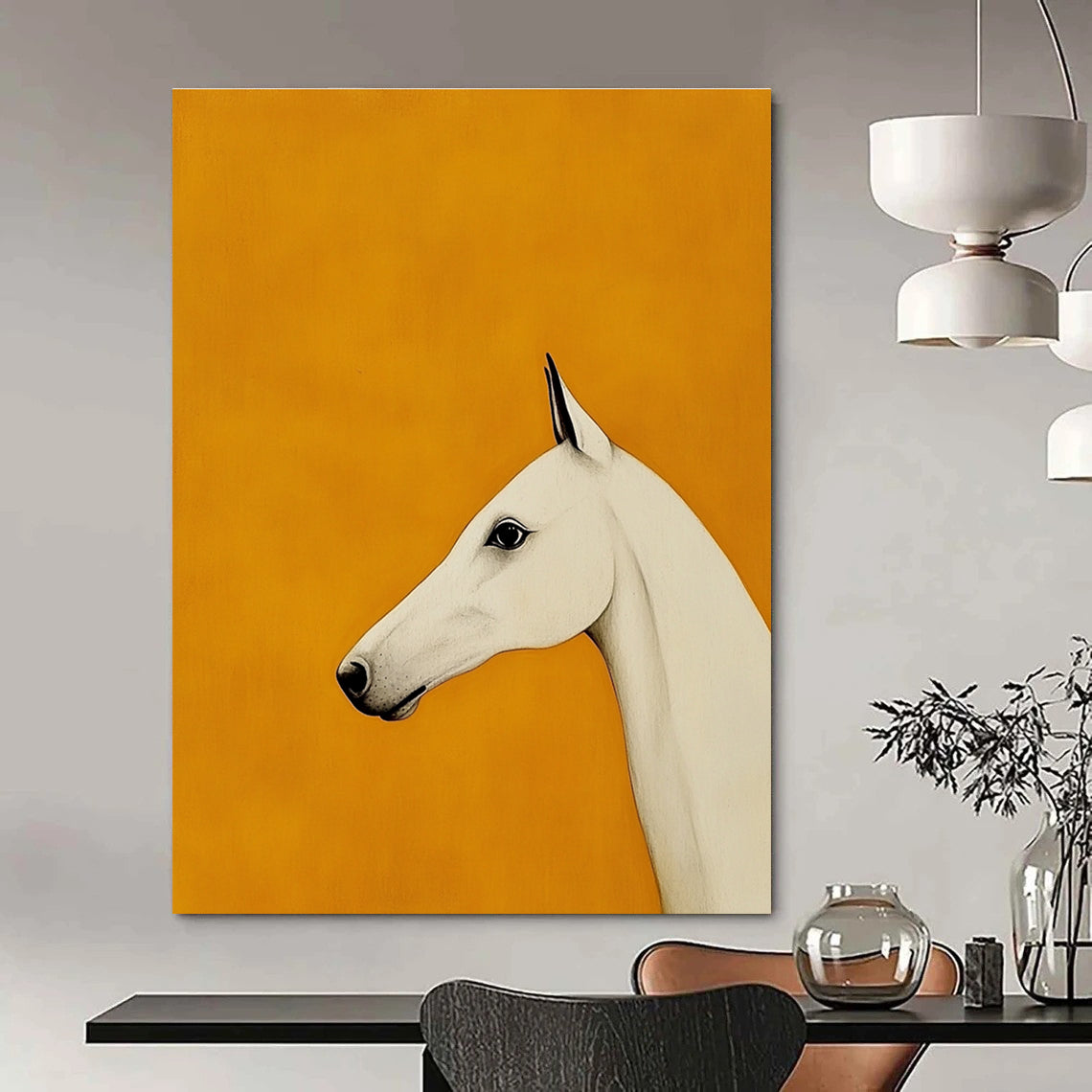 White Horse on Orange Background Art for Equestrian Home Hallway & Modern Art Studio STSC1063