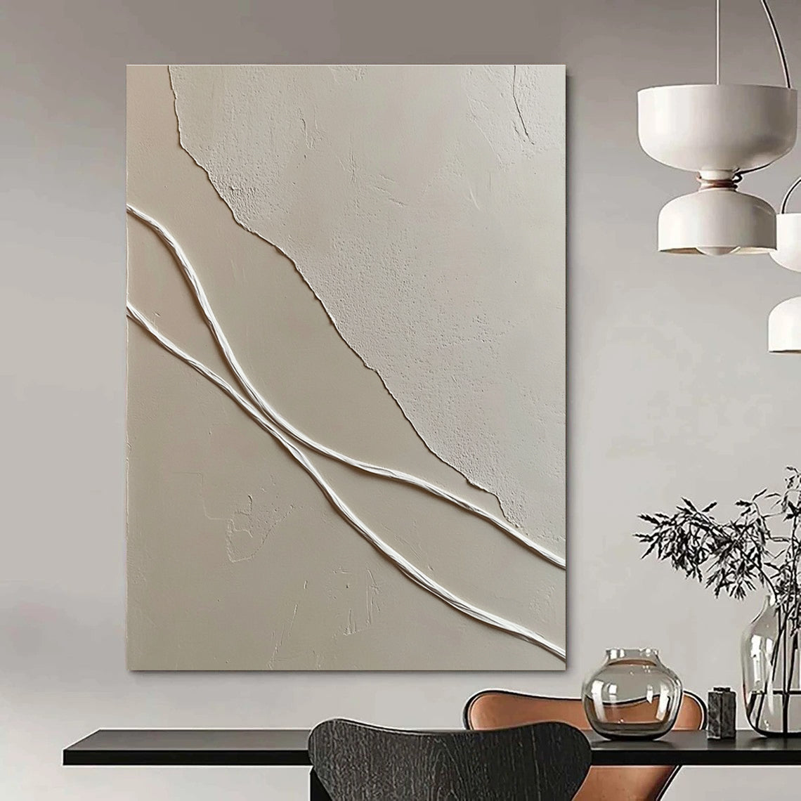 Minimalist White Lines on Beige for Scandinavian - Style Living Room & Contemporary Art Gallery STSC941