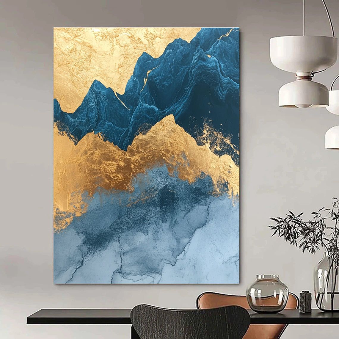 Blue and Gold Mountain Patterns Art for Luxury Hotel Suite & Asian - Inspired Restaurant STSC1312