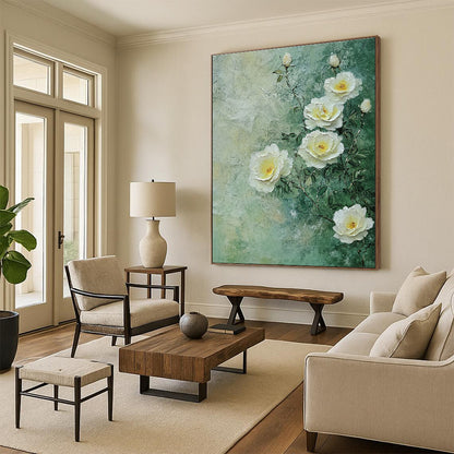 Textured White Roses Romantic Floral Art for Victorian - Style Parlor & Elegant Home Bedroom STSC1490